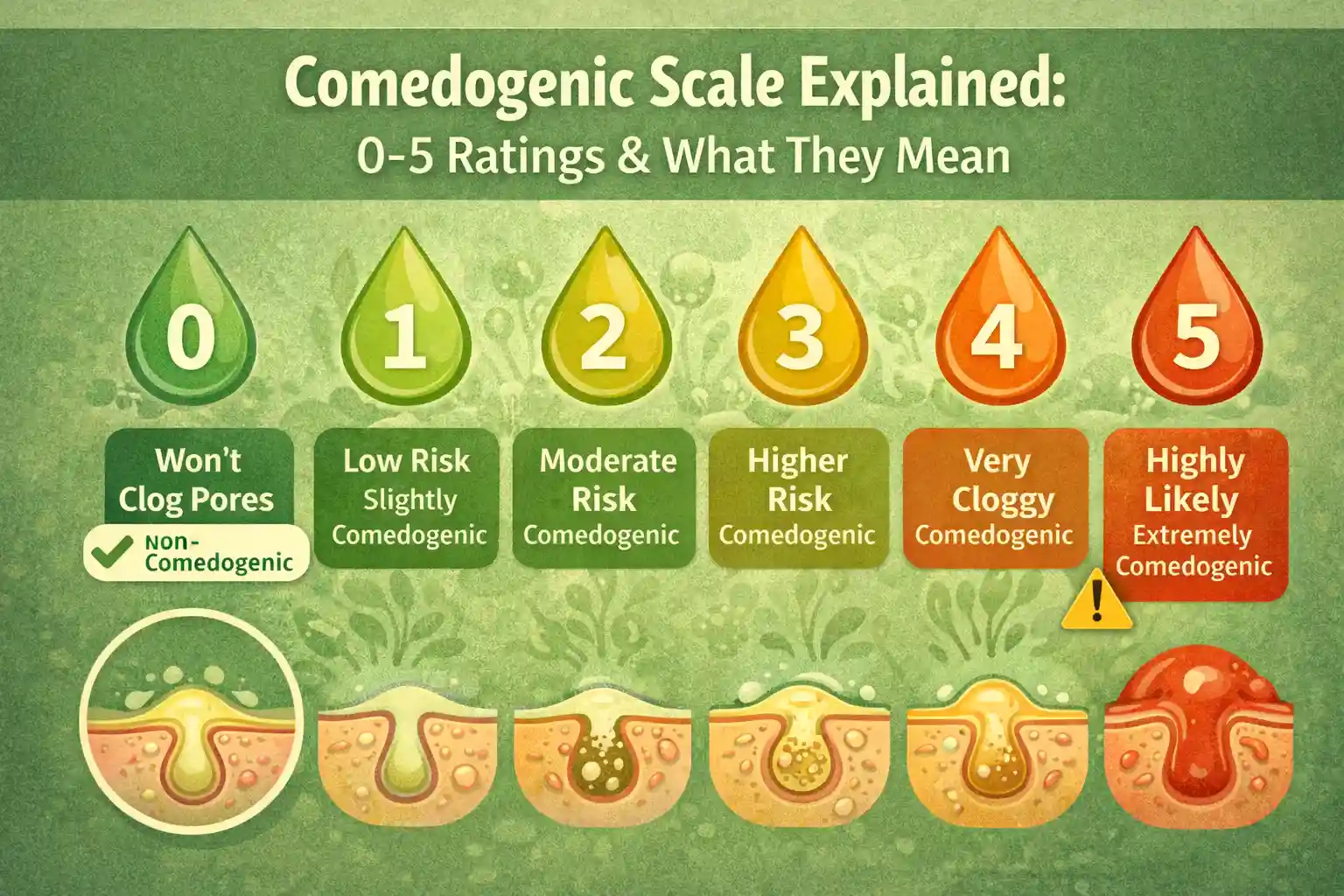 Comedogenic scale infographic explaining ratings from 0 to 5, showing how skincare ingredients range from non-comedogenic to highly pore-clogging with visual severity indicators.