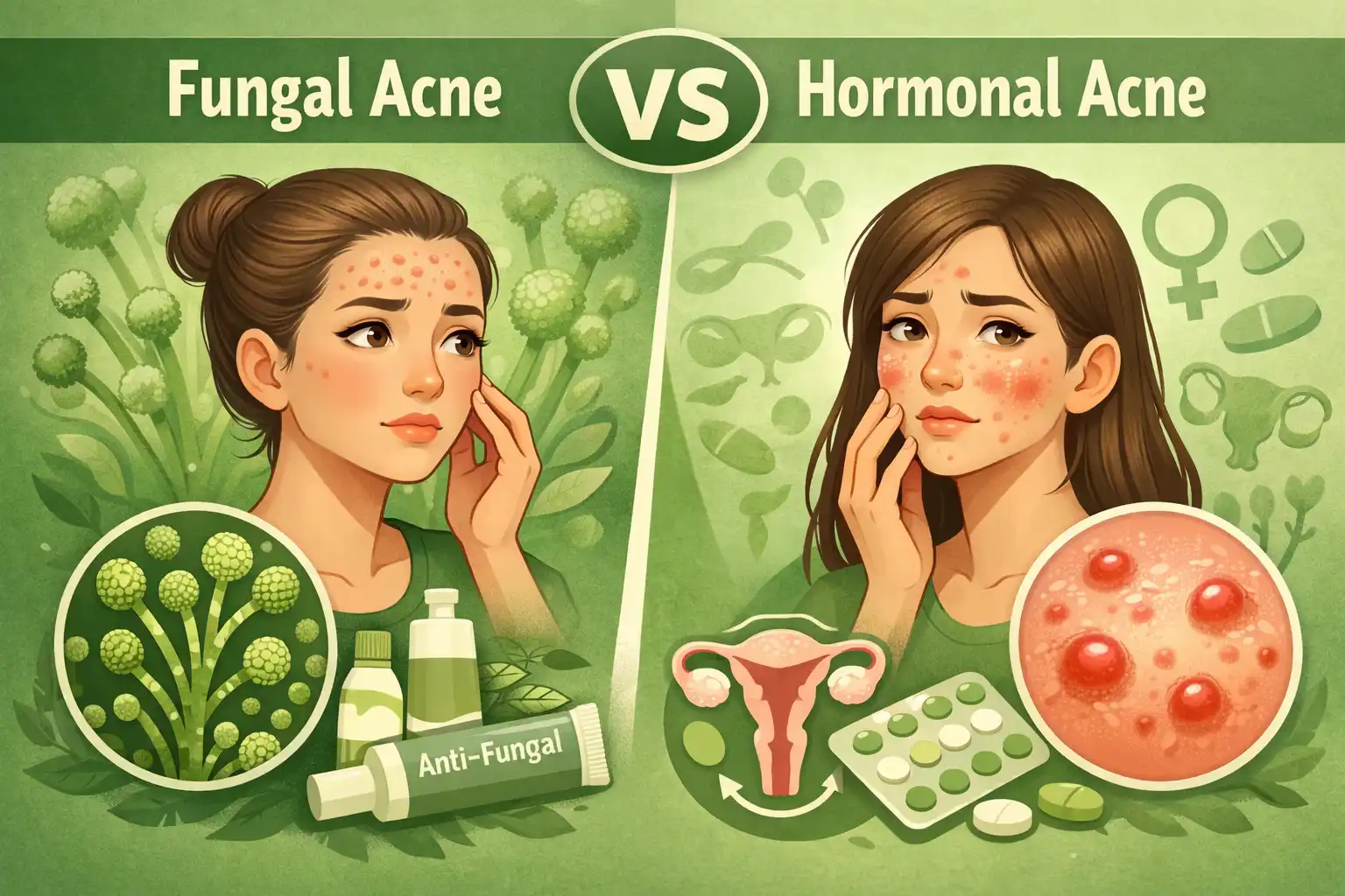 Fungal acne vs hormonal acne infographic showing symptoms, causes, treatments, and acne-safe skincare differences clearly.