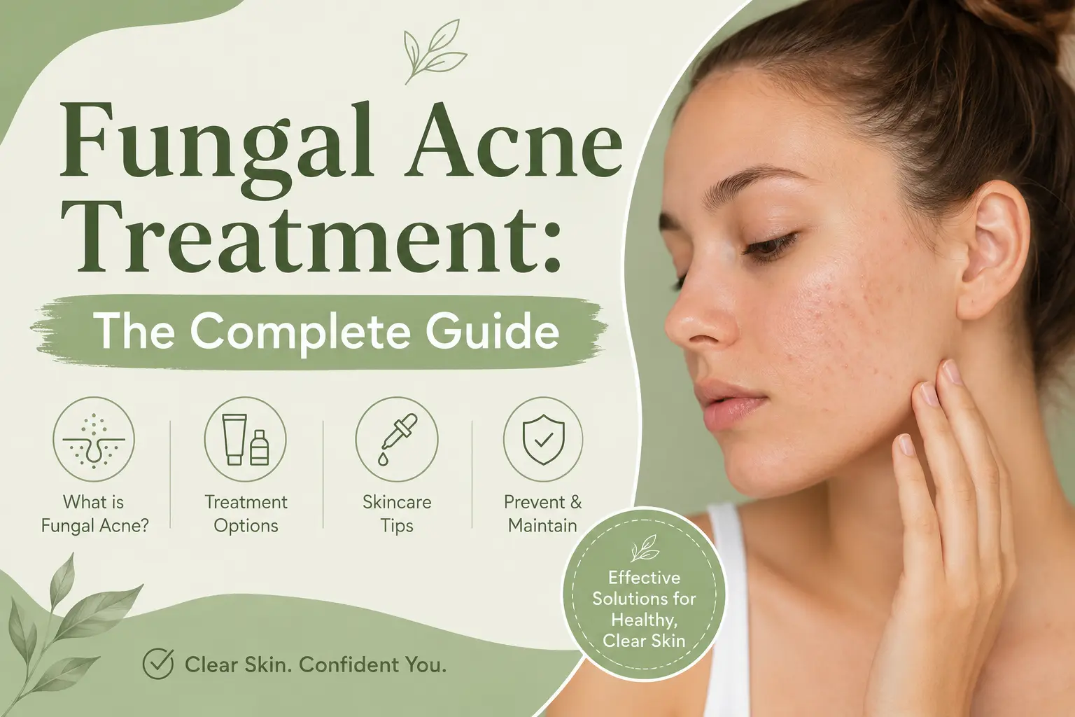 Fungal acne treatment guide feature image with clear skin model, sage green skincare design, fungal acne skincare tips, minimal beauty blog banner, healthy skin treatment illustration.