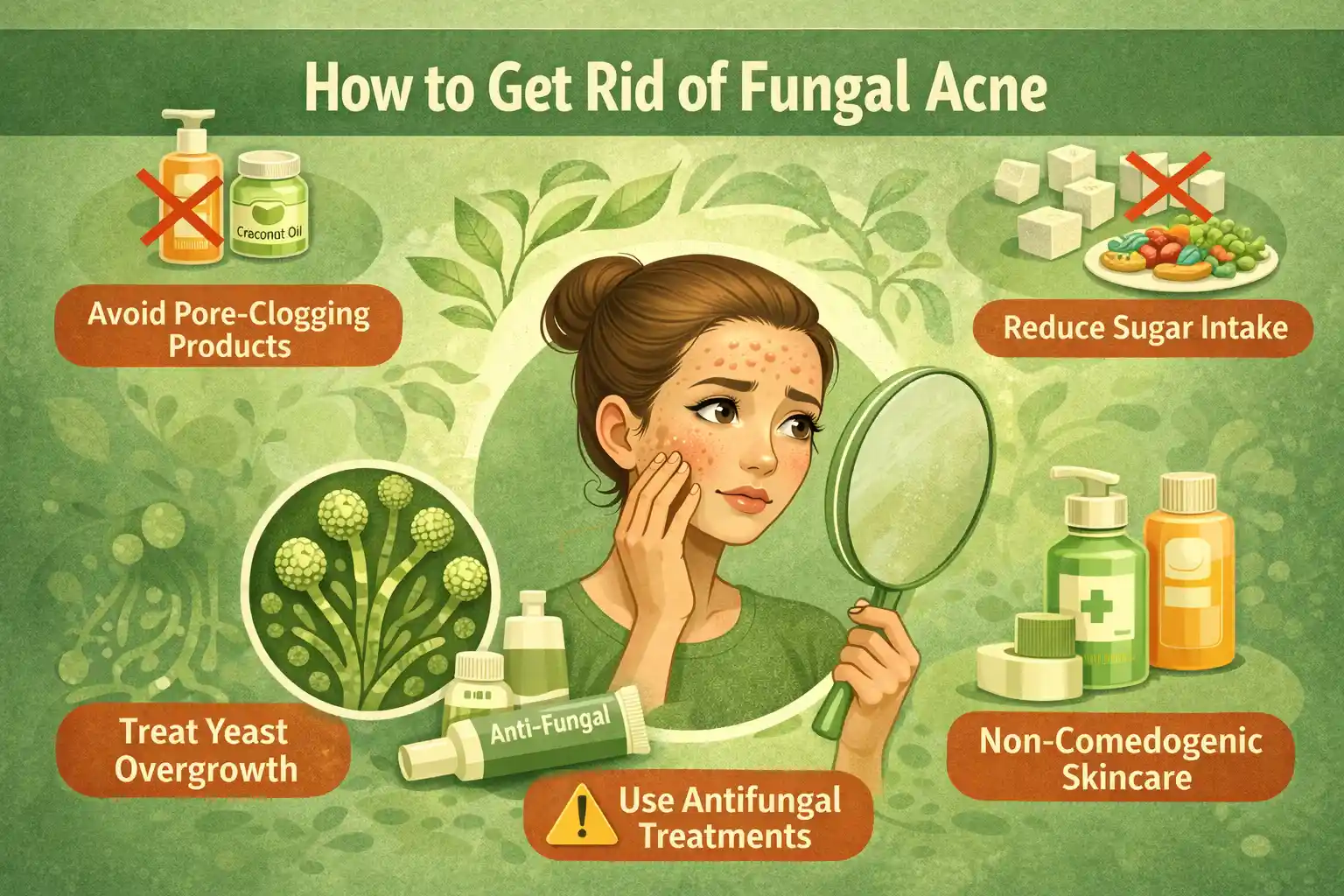 How to get rid of fungal acne infographic showing antifungal treatments, non-comedogenic skincare, and pore-clogging ingredients.