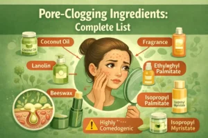 Pore-clogging ingredients infographic showing comedogenic skincare ingredients like coconut oil, lanolin, beeswax, and isopropyl myristate.