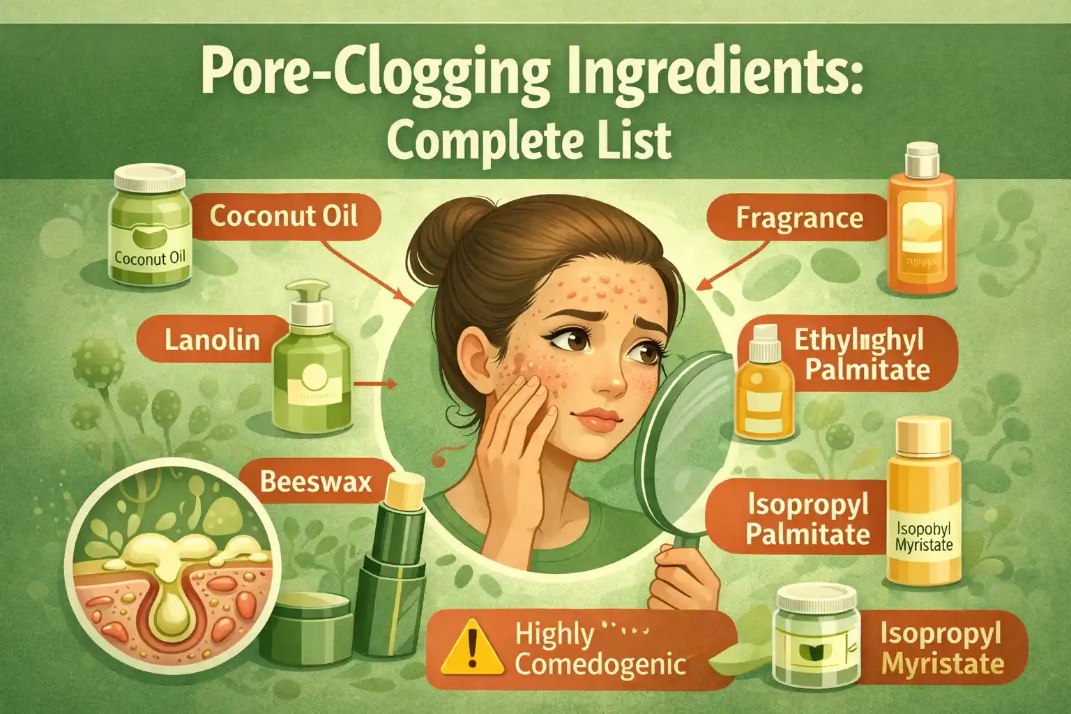 Pore-clogging ingredients infographic showing comedogenic skincare ingredients like coconut oil, lanolin, beeswax, and isopropyl myristate.