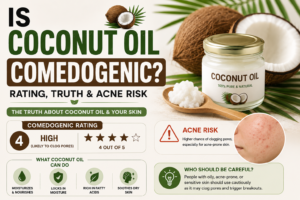 Coconut oil comedogenic rating and acne risk infographic showing if coconut oil clogs pores.