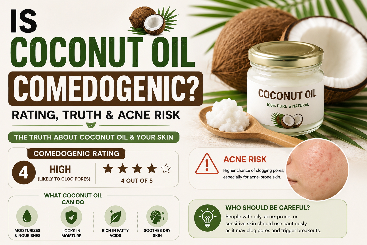 Coconut oil comedogenic rating and acne risk infographic showing if coconut oil clogs pores.