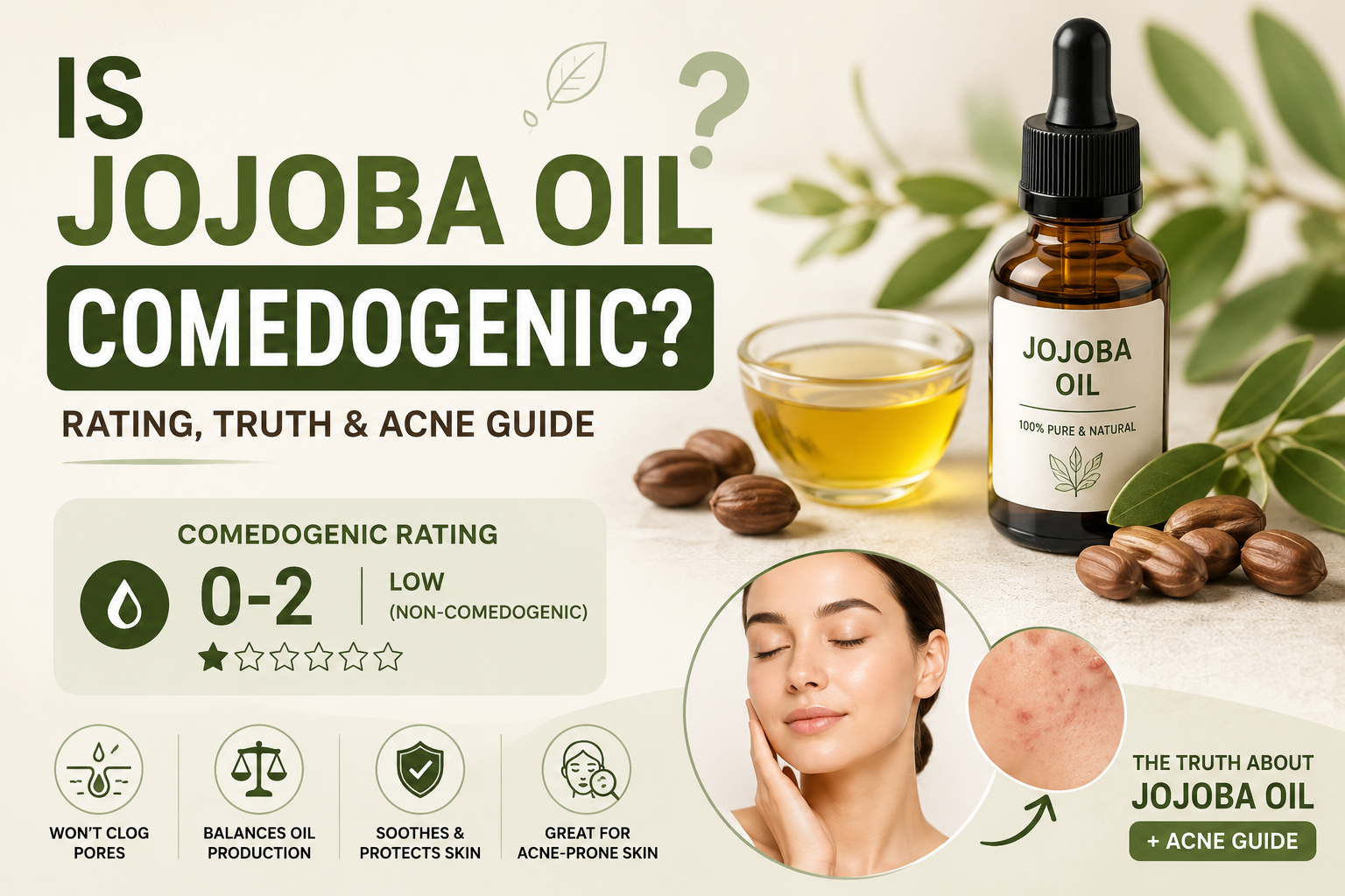 Jojoba oil comedogenic rating and acne guide infographic showing if jojoba oil clogs pores.